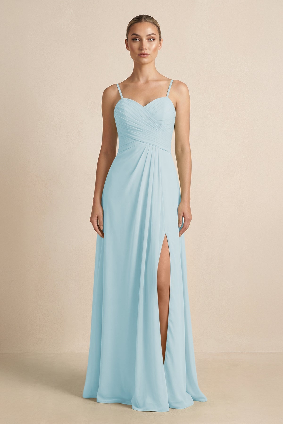 V - Neck A - Line Chiffon Pleated Bridesmaid Dress in Sky Blue - SHE IS ME Bridesmaid Dresses