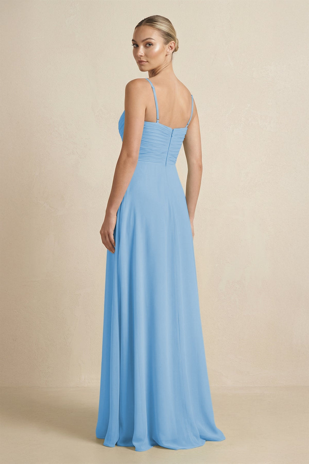 V - Neck A - Line Chiffon Pleated Bridesmaid Dress in Steel Blue - SHE IS ME Bridesmaid Dresses