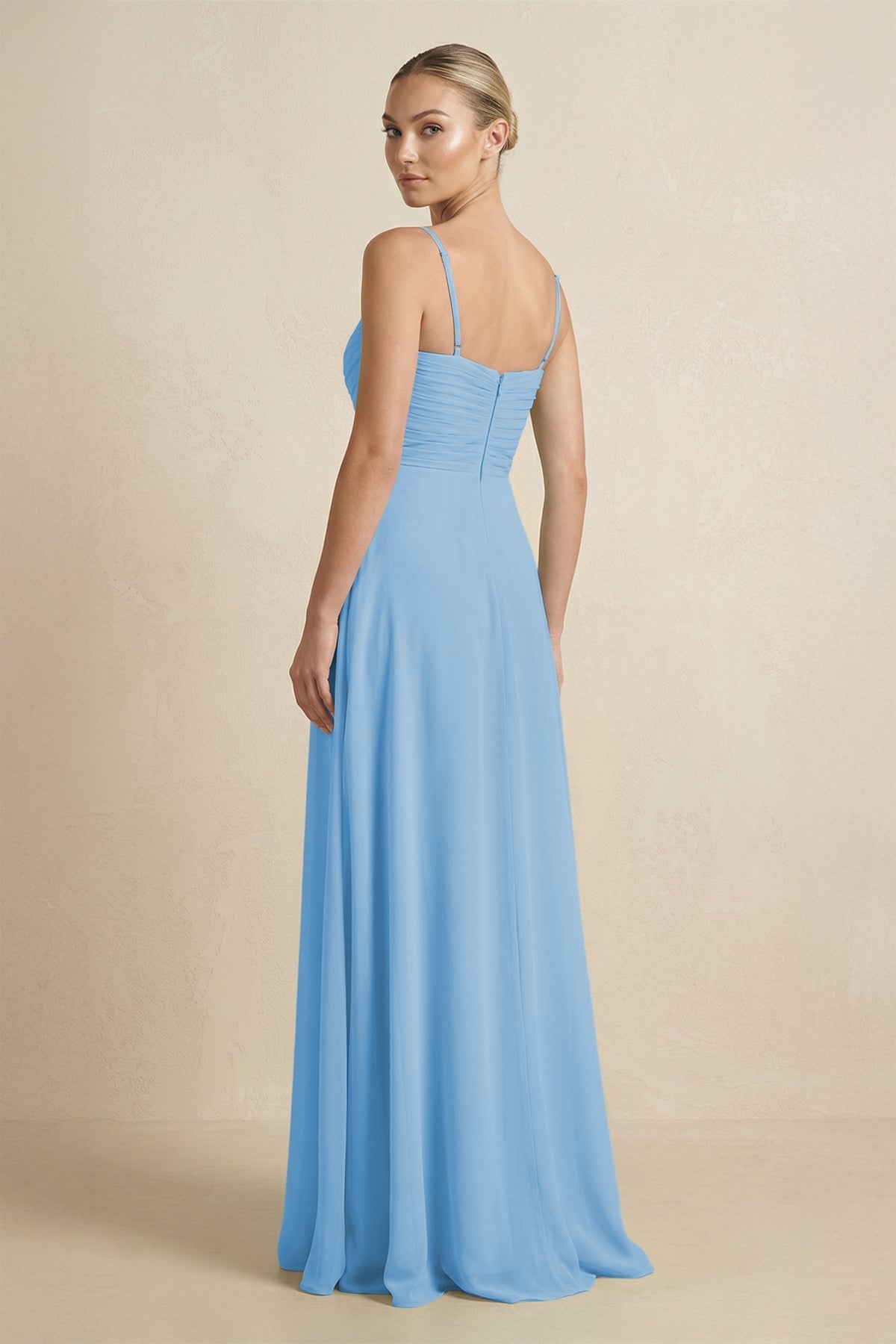 V - Neck A - Line Chiffon Pleated Bridesmaid Dress in Steel Blue - SHE IS ME Bridesmaid Dresses