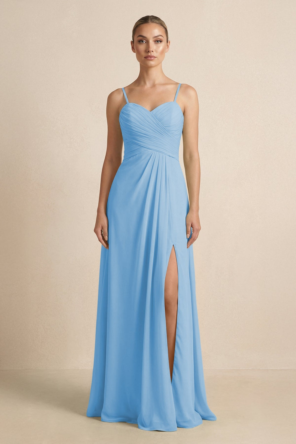 V - Neck A - Line Chiffon Pleated Bridesmaid Dress in Steel Blue - SHE IS ME Bridesmaid Dresses