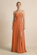 V - Neck A - Line Chiffon Pleated Bridesmaid Dress in Terracotta - SHE IS ME Bridesmaid Dresses