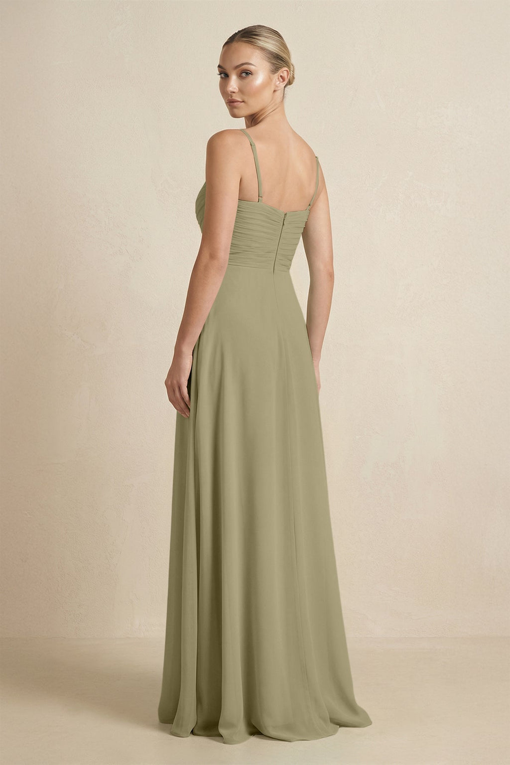 V - Neck A - Line Chiffon Pleated Bridesmaid Dress in Thyme - SHE IS ME Bridesmaid Dresses