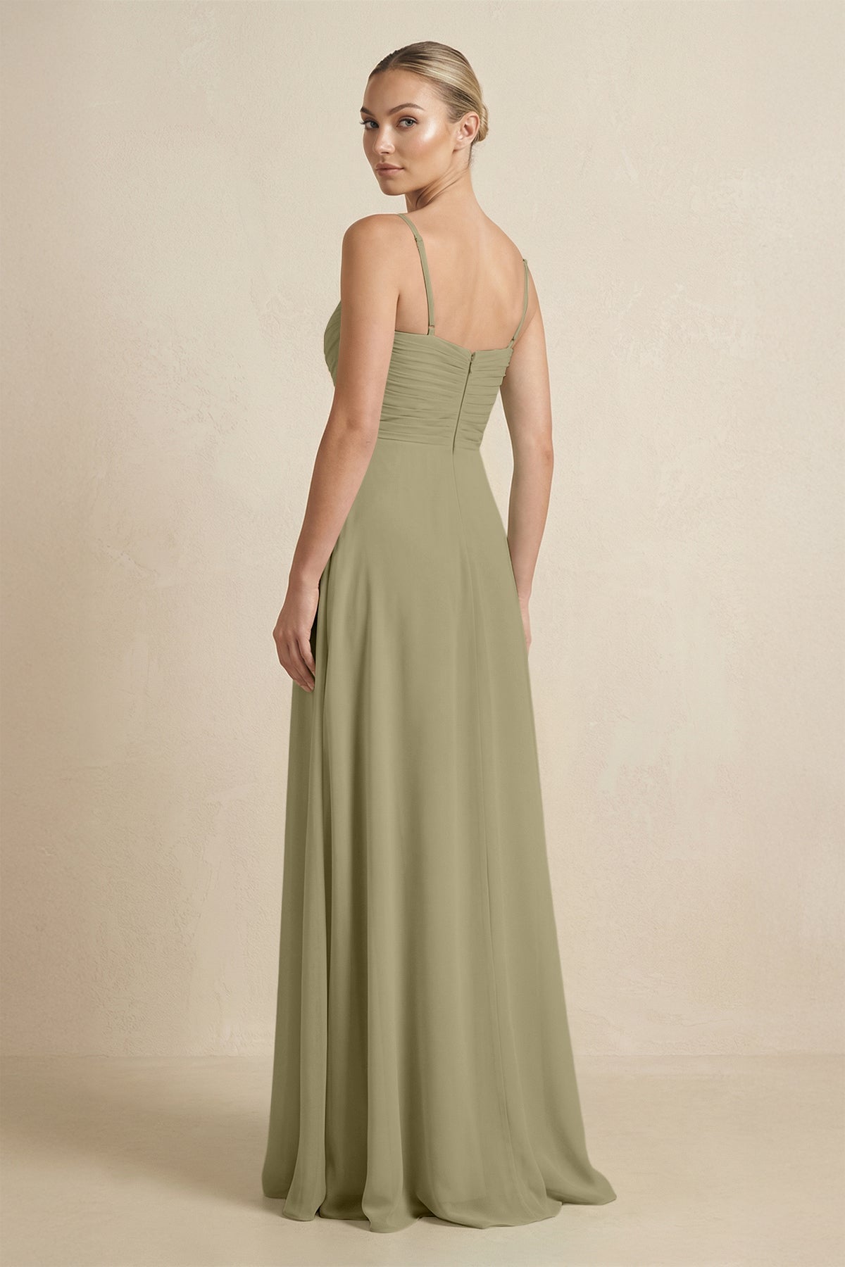V - Neck A - Line Chiffon Pleated Bridesmaid Dress in Thyme - SHE IS ME Bridesmaid Dresses