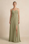 V - Neck A - Line Chiffon Pleated Bridesmaid Dress in Thyme - SHE IS ME Bridesmaid Dresses