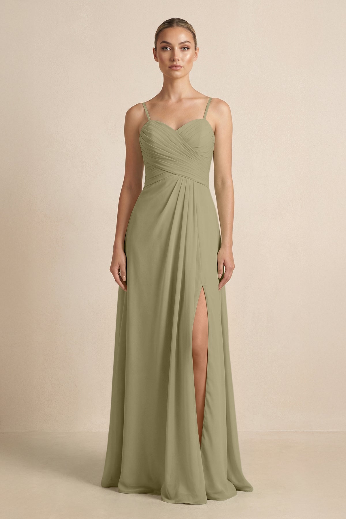 V - Neck A - Line Chiffon Pleated Bridesmaid Dress in Thyme - SHE IS ME Bridesmaid Dresses
