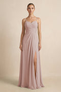 V - Neck A - Line Chiffon Pleated Bridesmaid Dress in Toffee - SHE IS ME Bridesmaid Dresses