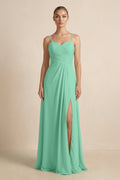 V - Neck A - Line Chiffon Pleated Bridesmaid Dress in Turquoise - SHE IS ME Bridesmaid Dresses