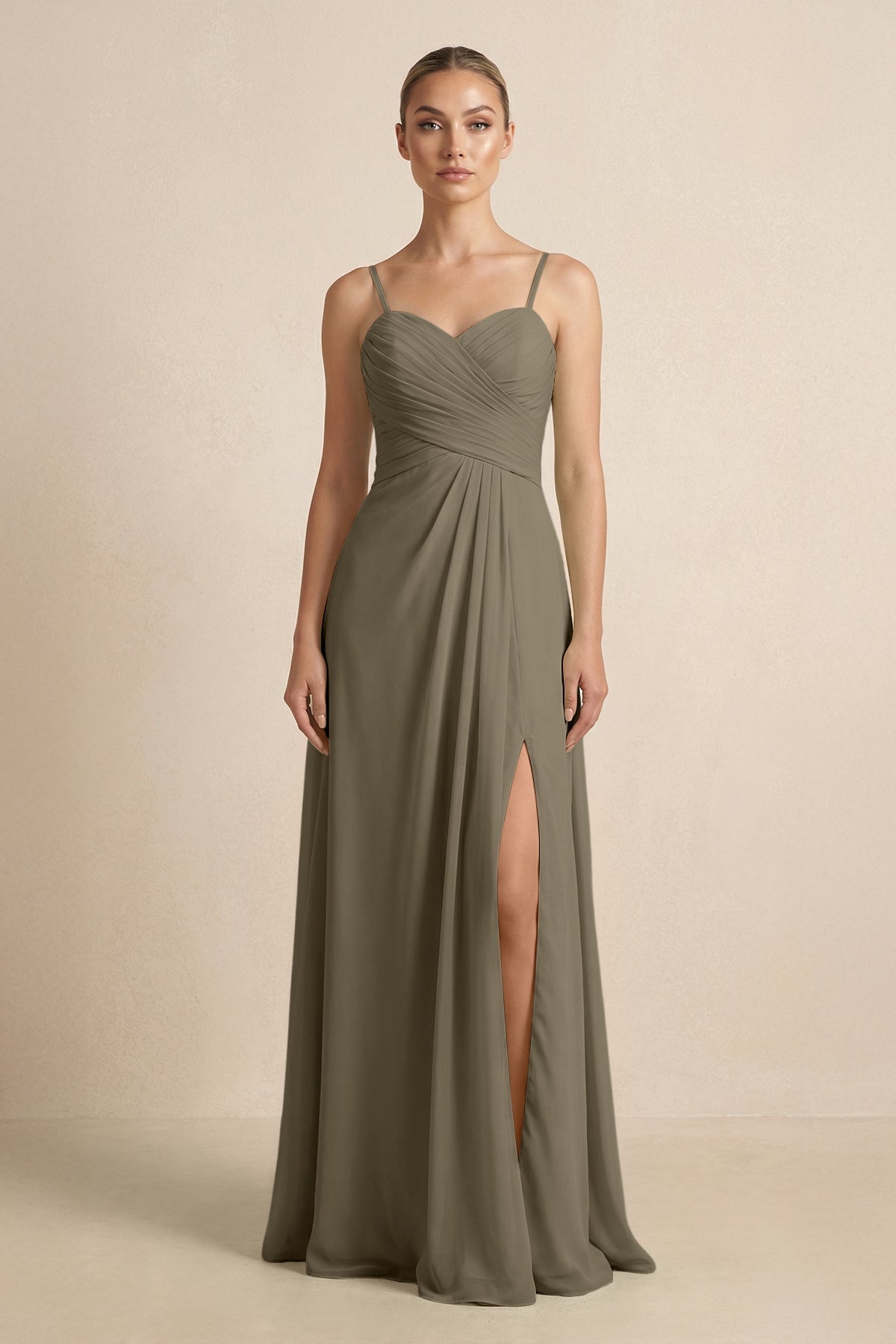 V - Neck A - Line Chiffon Pleated Bridesmaid Dress in Willow Green - SHE IS ME Bridesmaid Dresses