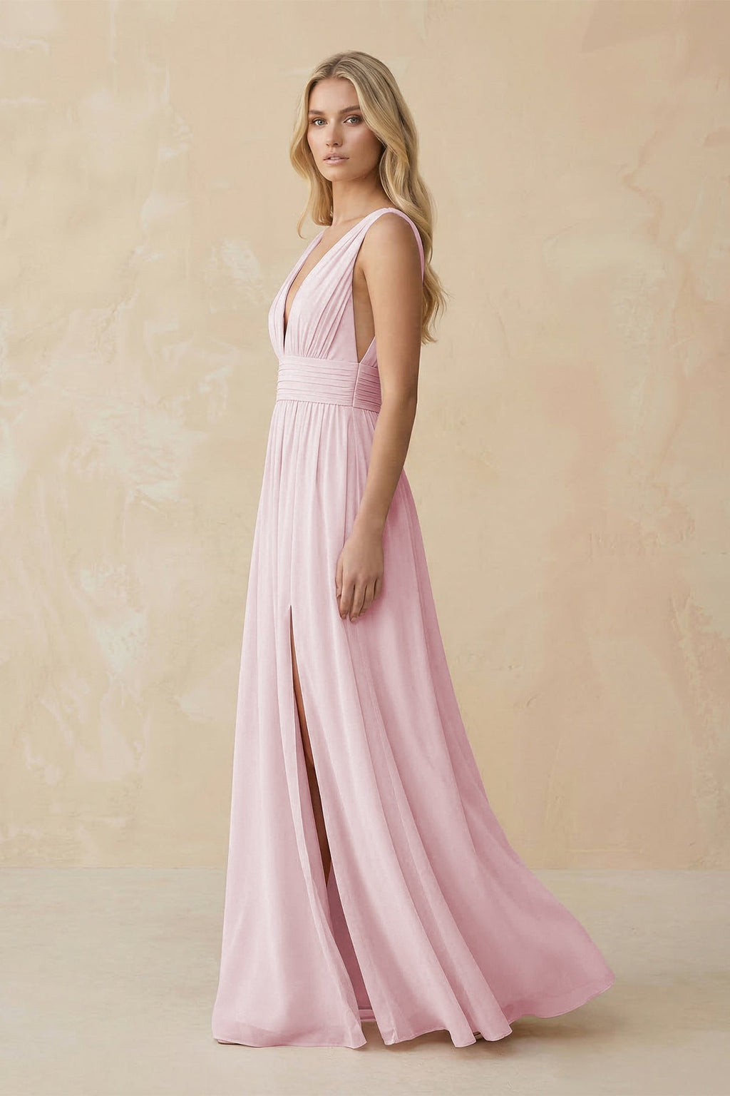 V - Neck A - Line Chiffon Ruched Bridesmaid Dress in Candy Pink - SHE IS ME Bridesmaid Dresses