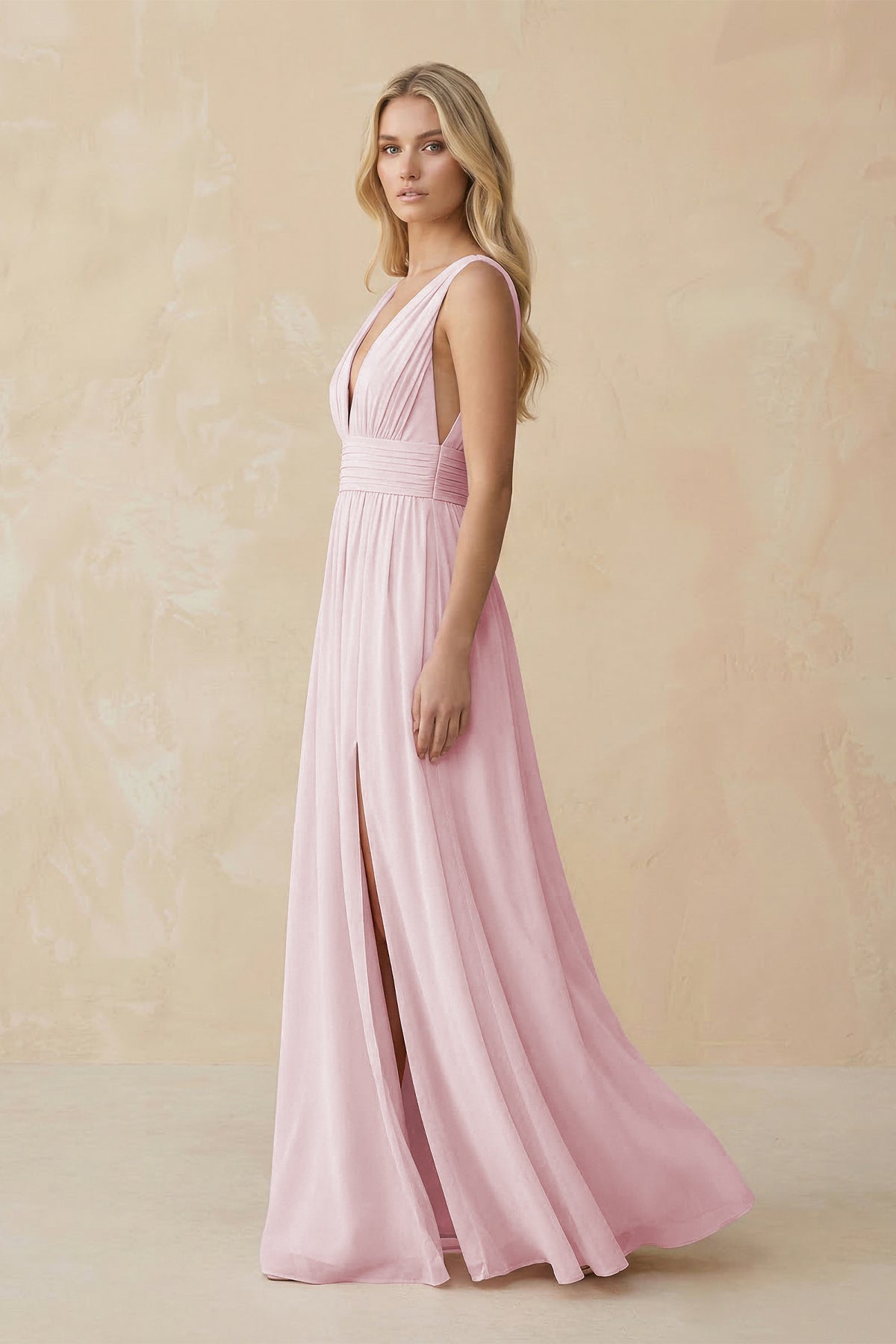 V - Neck A - Line Chiffon Ruched Bridesmaid Dress in Candy Pink - SHE IS ME Bridesmaid Dresses