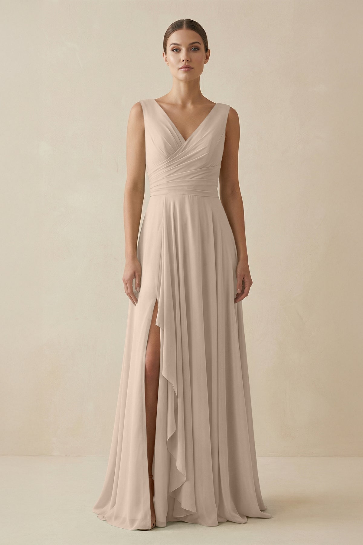 V - Neck A - Line Chiffon Ruffled Bridesmaid Dress in Almond - SHE IS ME Bridesmaid Dresses