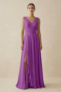 V - Neck A - Line Chiffon Ruffled Bridesmaid Dress in Amethyst - SHE IS ME Bridesmaid Dresses