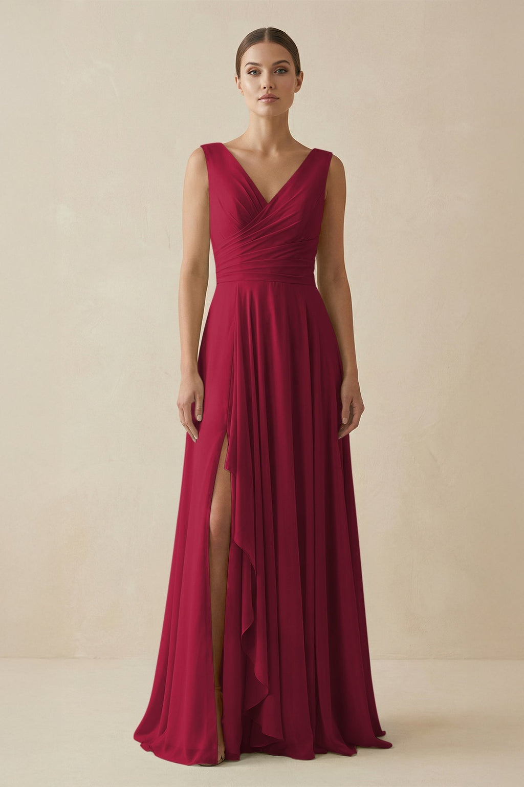V - Neck A - Line Chiffon Ruffled Bridesmaid Dress in Berry - SHE IS ME Bridesmaid Dresses