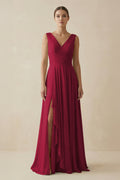 V - Neck A - Line Chiffon Ruffled Bridesmaid Dress in Berry - SHE IS ME Bridesmaid Dresses