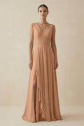 V - Neck A - Line Chiffon Ruffled Bridesmaid Dress in Bronzer - SHE IS ME Bridesmaid Dresses