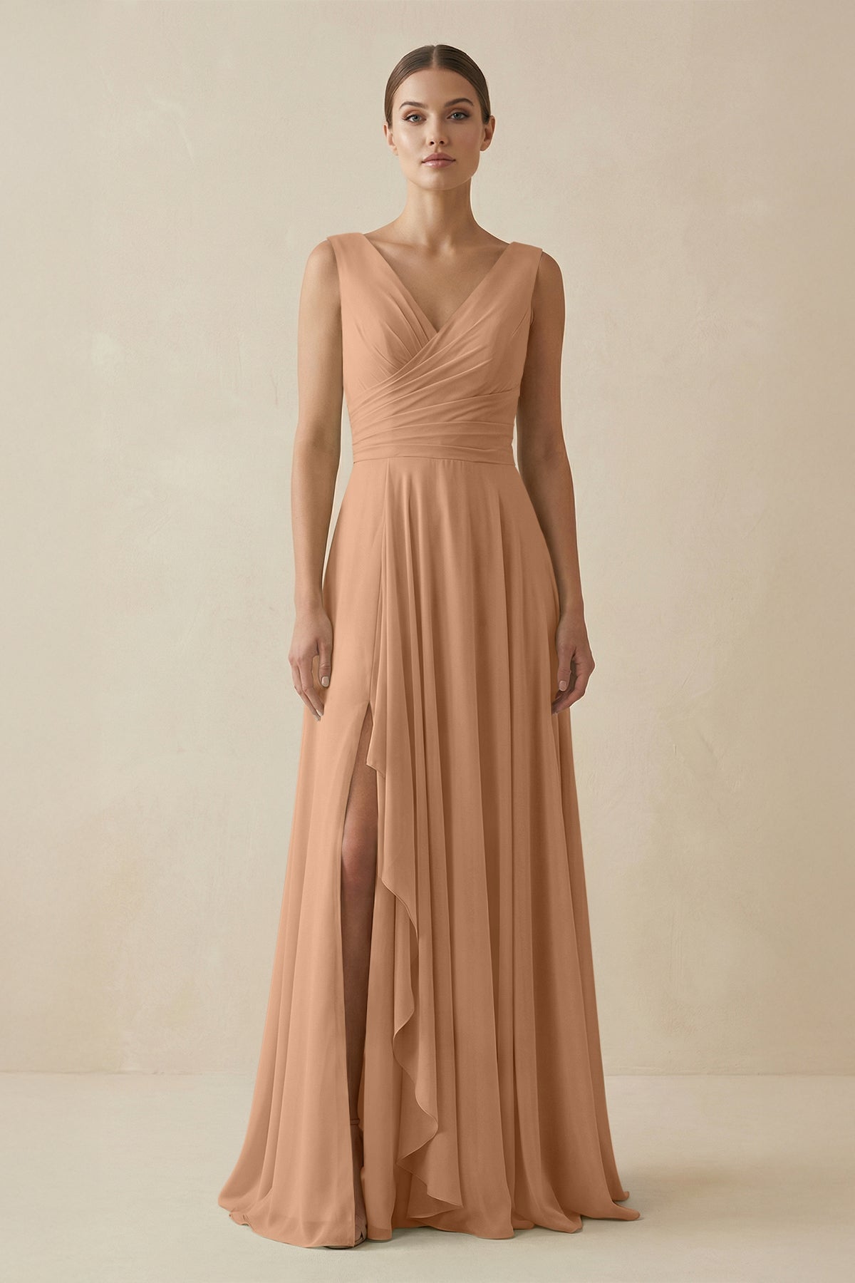 V - Neck A - Line Chiffon Ruffled Bridesmaid Dress in Bronzer - SHE IS ME Bridesmaid Dresses