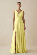 V - Neck A - Line Chiffon Ruffled Bridesmaid Dress in Buttercup - SHE IS ME Bridesmaid Dresses