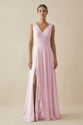 V - Neck A - Line Chiffon Ruffled Bridesmaid Dress in Candy Pink - SHE IS ME Bridesmaid Dresses