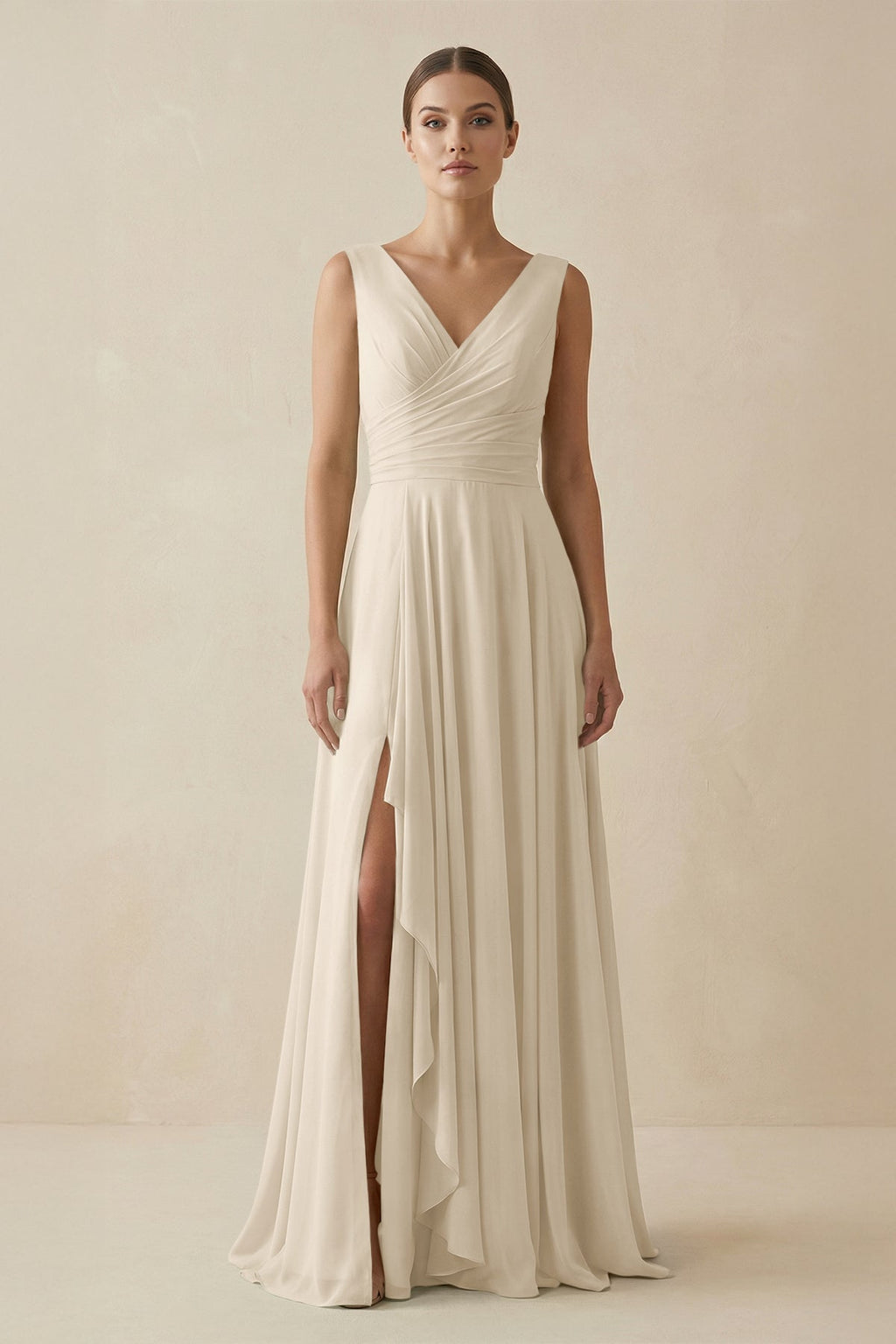 V - Neck A - Line Chiffon Ruffled Bridesmaid Dress in Champagne - SHE IS ME Bridesmaid Dresses