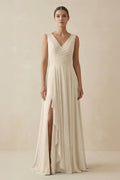 V - Neck A - Line Chiffon Ruffled Bridesmaid Dress in Champagne - SHE IS ME Bridesmaid Dresses