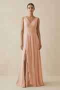 V - Neck A - Line Chiffon Ruffled Bridesmaid Dress in Champagne Rose - SHE IS ME Bridesmaid Dresses