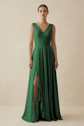 V - Neck A - Line Chiffon Ruffled Bridesmaid Dress in Dark Green - SHE IS ME Bridesmaid Dresses