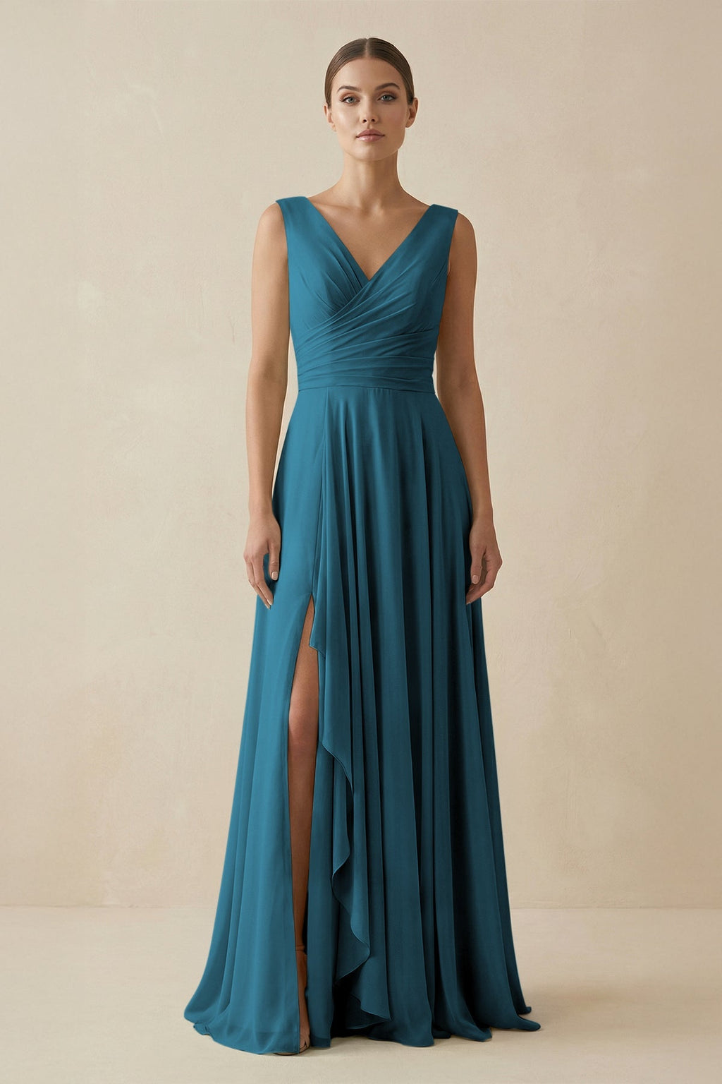 V - Neck A - Line Chiffon Ruffled Bridesmaid Dress in Dark Teal - SHE IS ME Bridesmaid Dresses