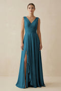 V - Neck A - Line Chiffon Ruffled Bridesmaid Dress in Dark Teal - SHE IS ME Bridesmaid Dresses