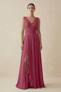 V - Neck A - Line Chiffon Ruffled Bridesmaid Dress in Desert Rose - SHE IS ME Bridesmaid Dresses