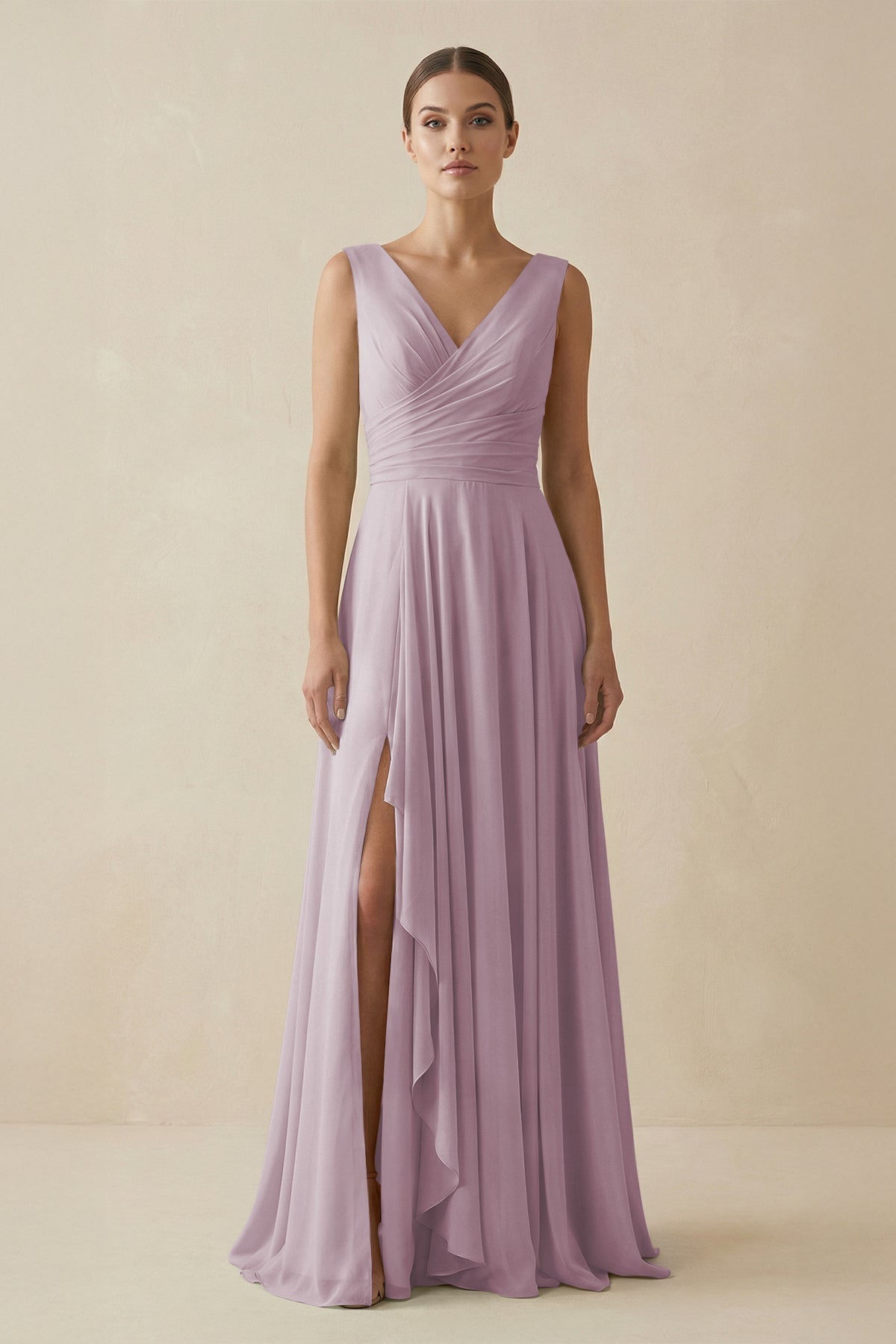 V - Neck A - Line Chiffon Ruffled Bridesmaid Dress in Dusk - SHE IS ME Bridesmaid Dresses