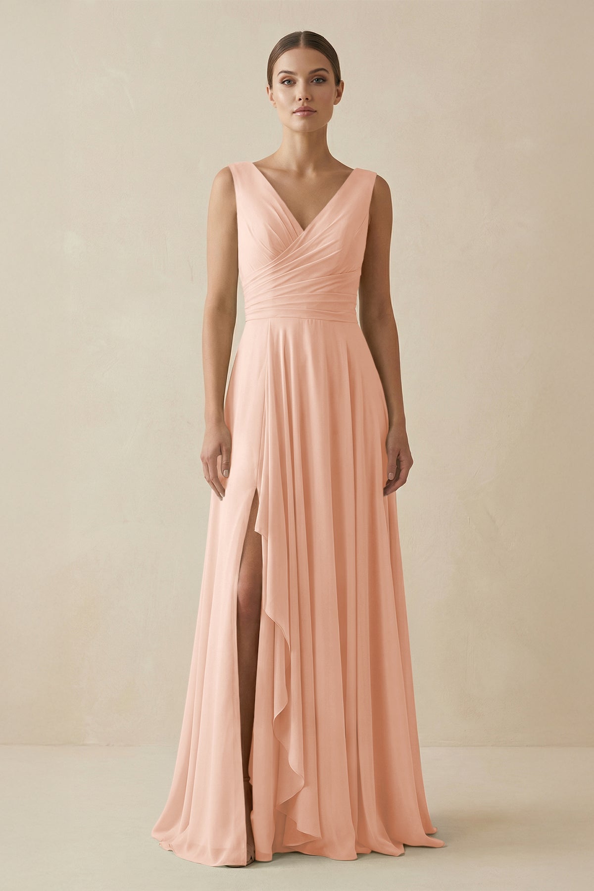 V - Neck A - Line Chiffon Ruffled Bridesmaid Dress in English Rose - SHE IS ME Bridesmaid Dresses