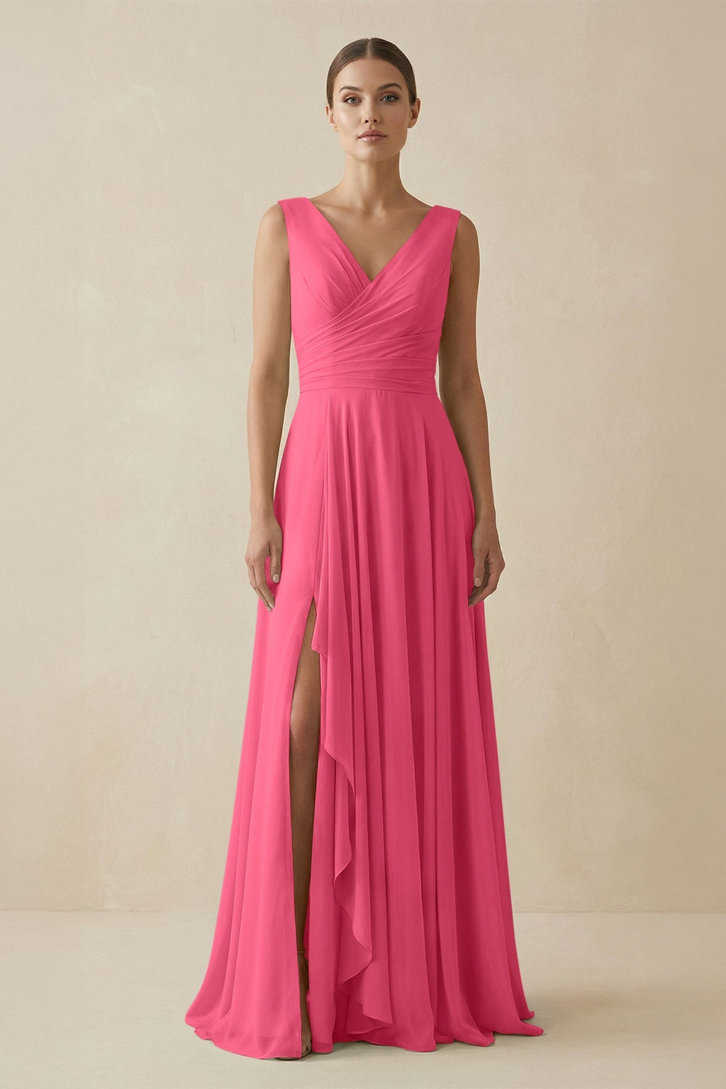 V - Neck A - Line Chiffon Ruffled Bridesmaid Dress in Fuchsia - SHE IS ME Bridesmaid Dresses