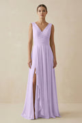 V - Neck A - Line Chiffon Ruffled Bridesmaid Dress in Lavender - SHE IS ME Bridesmaid Dresses