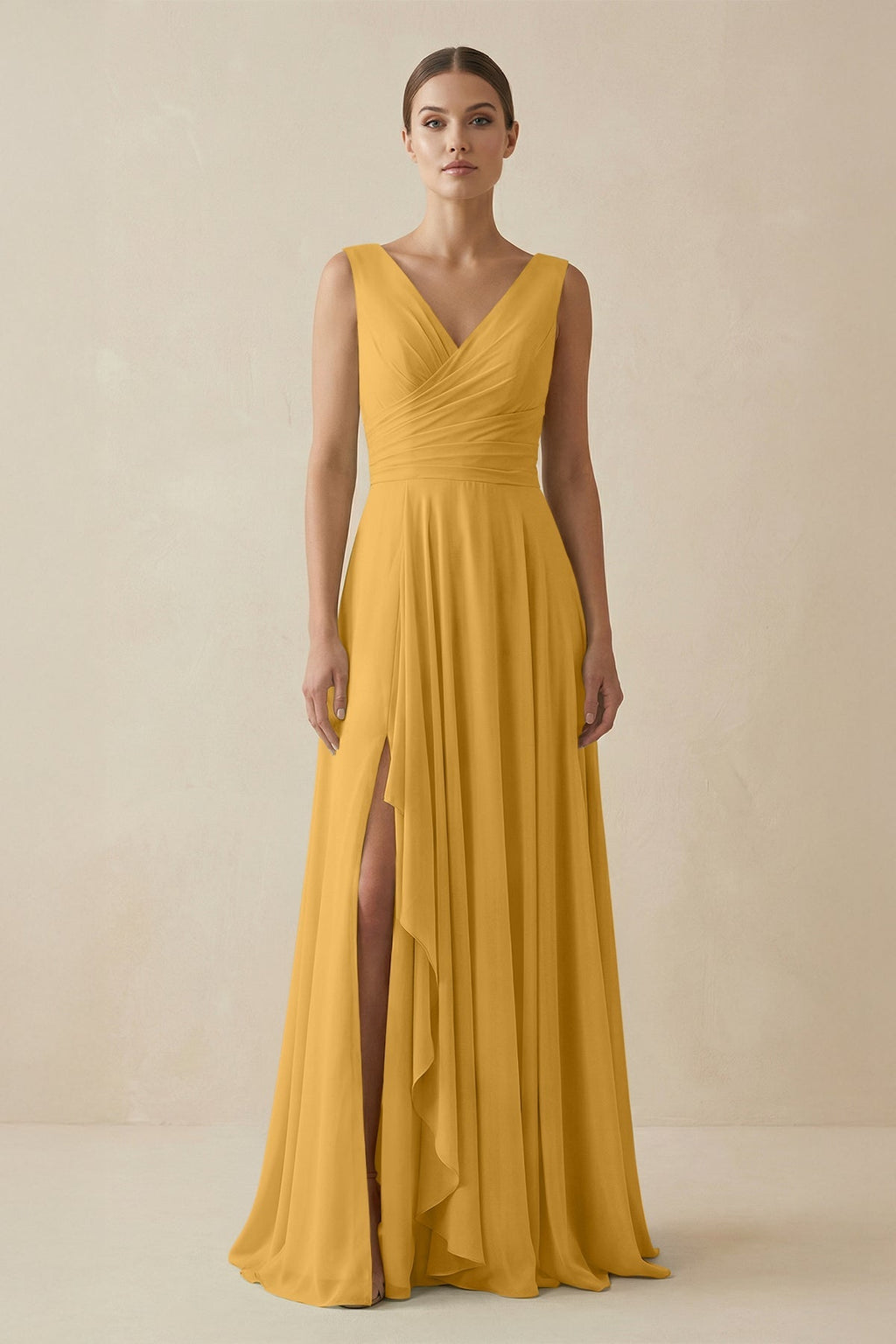 V - Neck A - Line Chiffon Ruffled Bridesmaid Dress in Marigold - SHE IS ME Bridesmaid Dresses