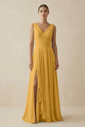 V - Neck A - Line Chiffon Ruffled Bridesmaid Dress in Marigold - SHE IS ME Bridesmaid Dresses