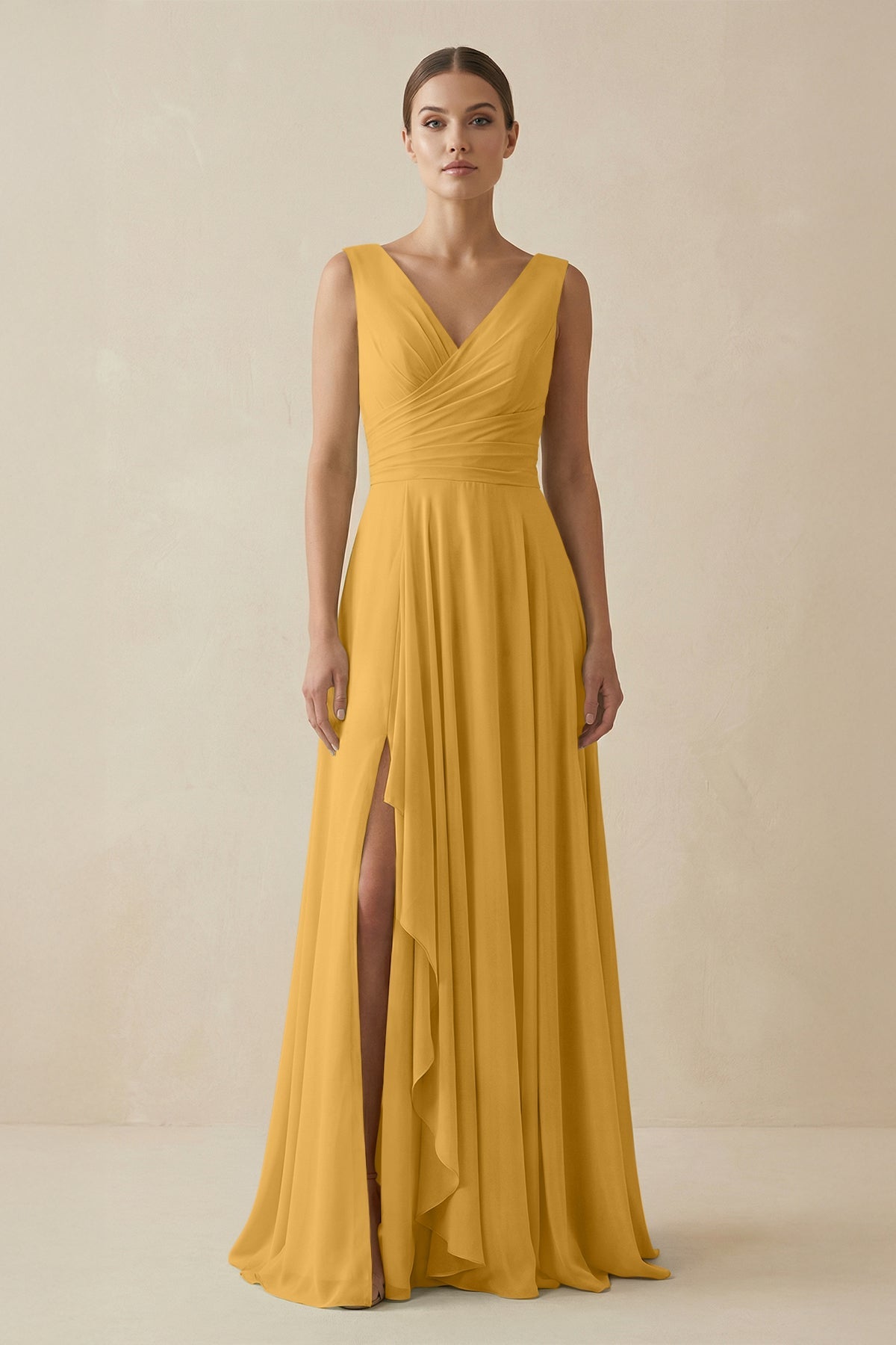 V - Neck A - Line Chiffon Ruffled Bridesmaid Dress in Marigold - SHE IS ME Bridesmaid Dresses