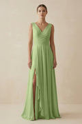 V - Neck A - Line Chiffon Ruffled Bridesmaid Dress in Matcha - SHE IS ME Bridesmaid Dresses