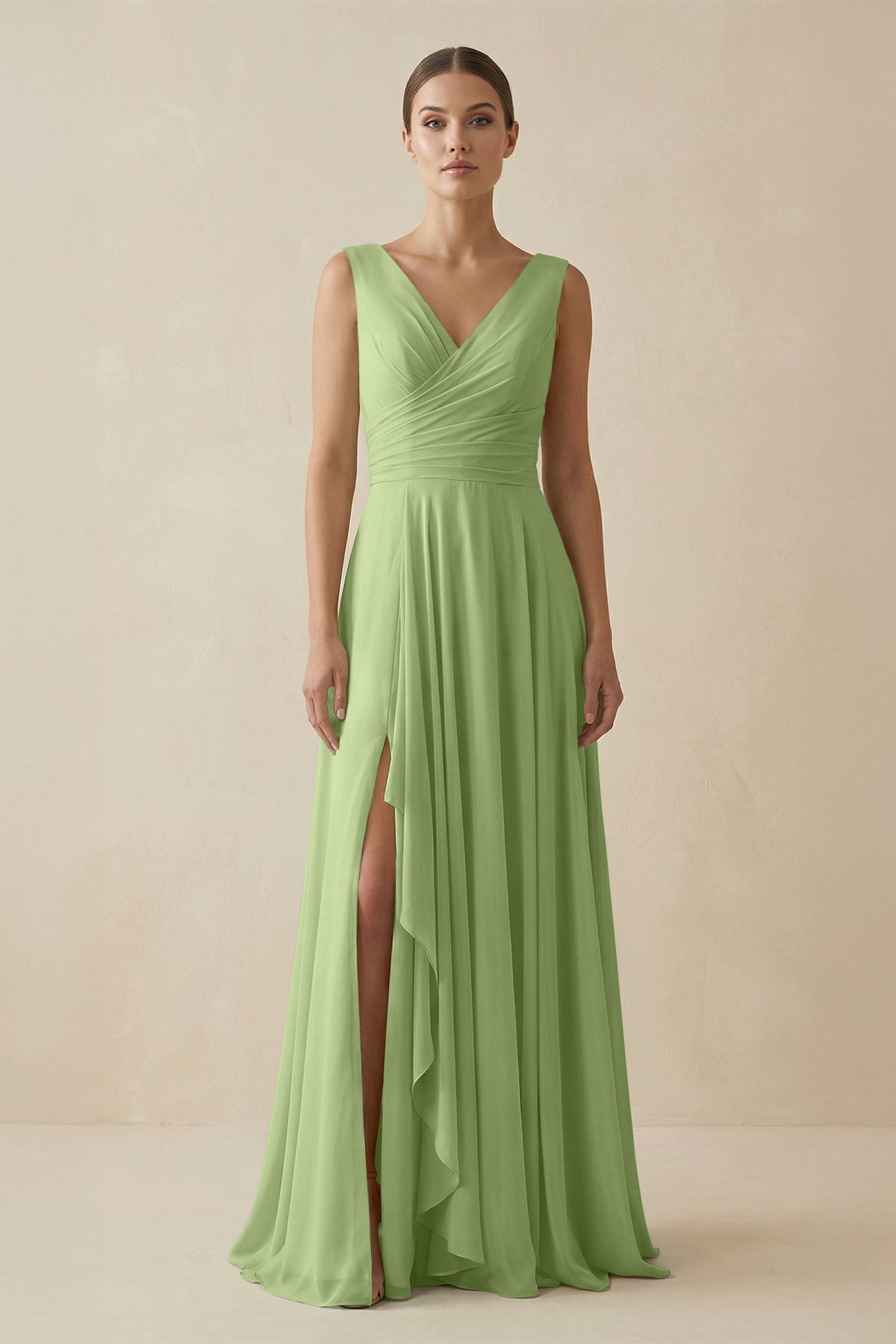 V - Neck A - Line Chiffon Ruffled Bridesmaid Dress in Matcha - SHE IS ME Bridesmaid Dresses
