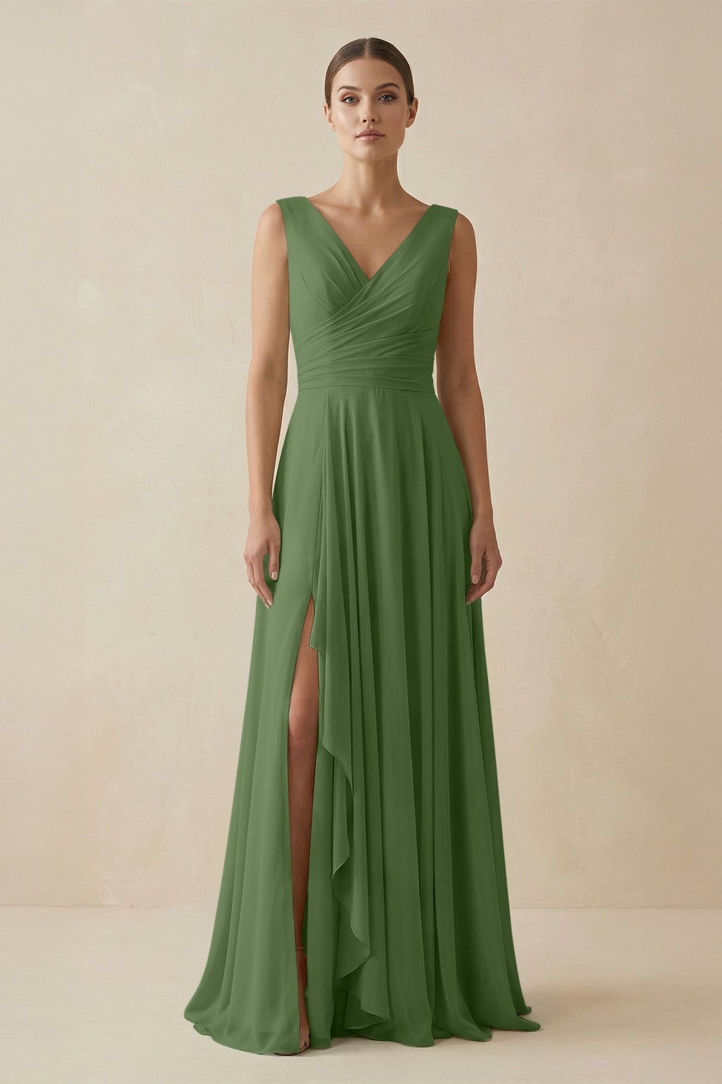 V - Neck A - Line Chiffon Ruffled Bridesmaid Dress in Moss - SHE IS ME Bridesmaid Dresses