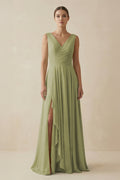 V - Neck A - Line Chiffon Ruffled Bridesmaid Dress in Moss Green - SHE IS ME Bridesmaid Dresses