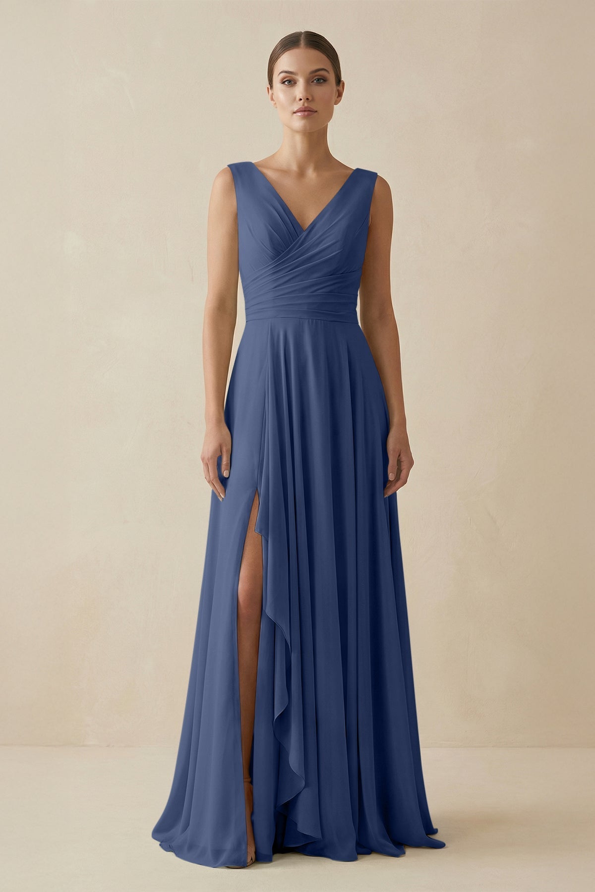 V - Neck A - Line Chiffon Ruffled Bridesmaid Dress in Navy - SHE IS ME Bridesmaid Dresses