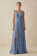 V - Neck A - Line Chiffon Ruffled Bridesmaid Dress in Neptune - SHE IS ME Bridesmaid Dresses
