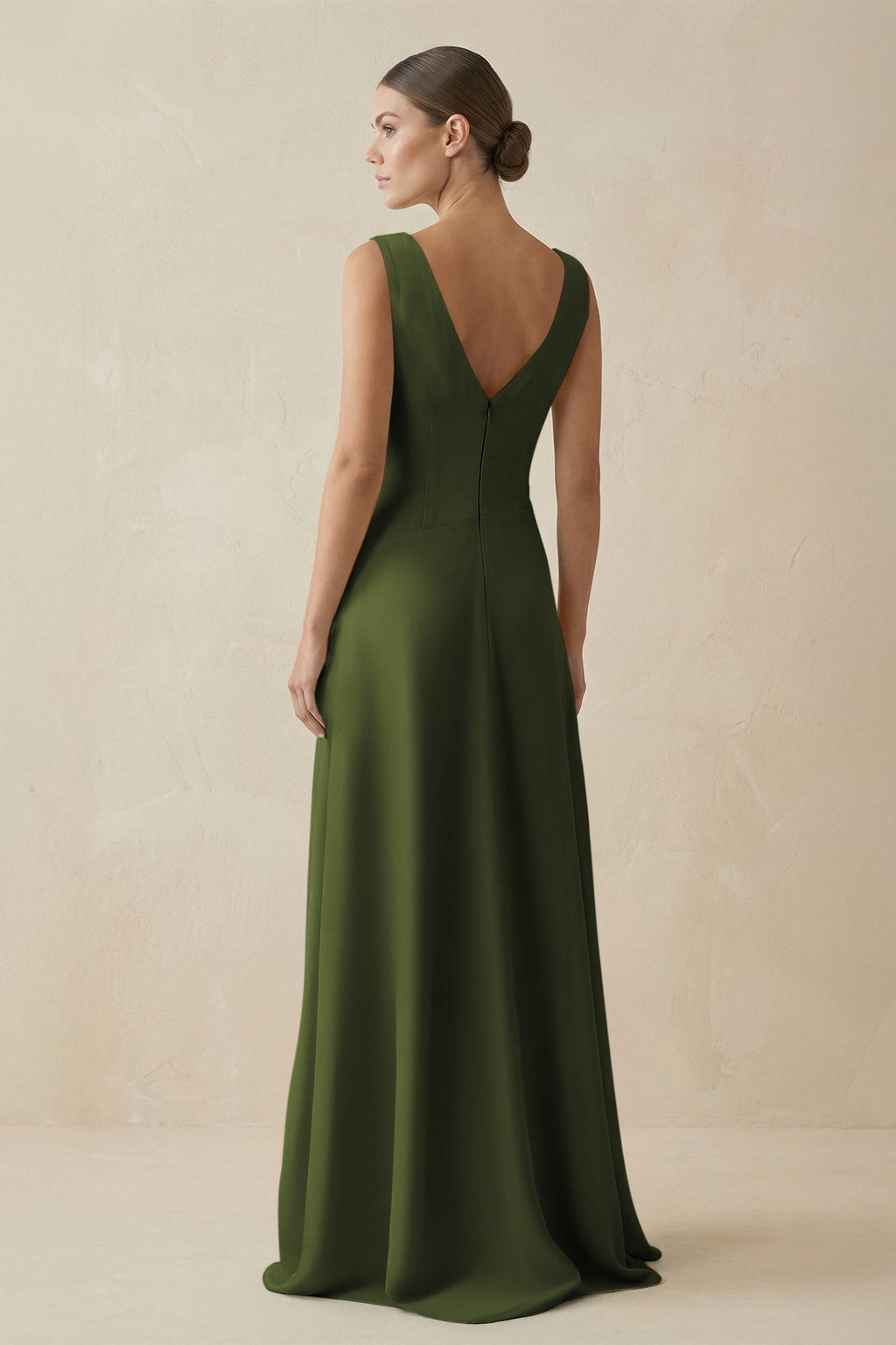 V - Neck A - Line Chiffon Ruffled Bridesmaid Dress in Olive - SHE IS ME Bridesmaid Dresses