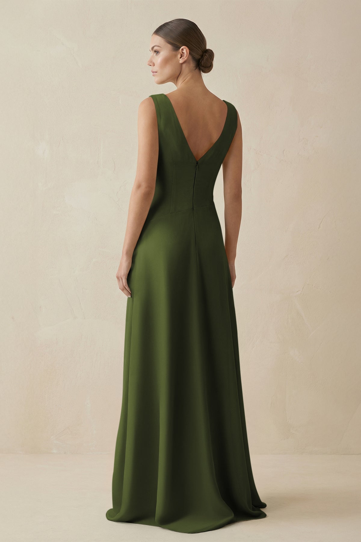 V - Neck A - Line Chiffon Ruffled Bridesmaid Dress in Olive - SHE IS ME Bridesmaid Dresses