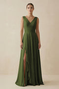 V - Neck A - Line Chiffon Ruffled Bridesmaid Dress in Olive - SHE IS ME Bridesmaid Dresses