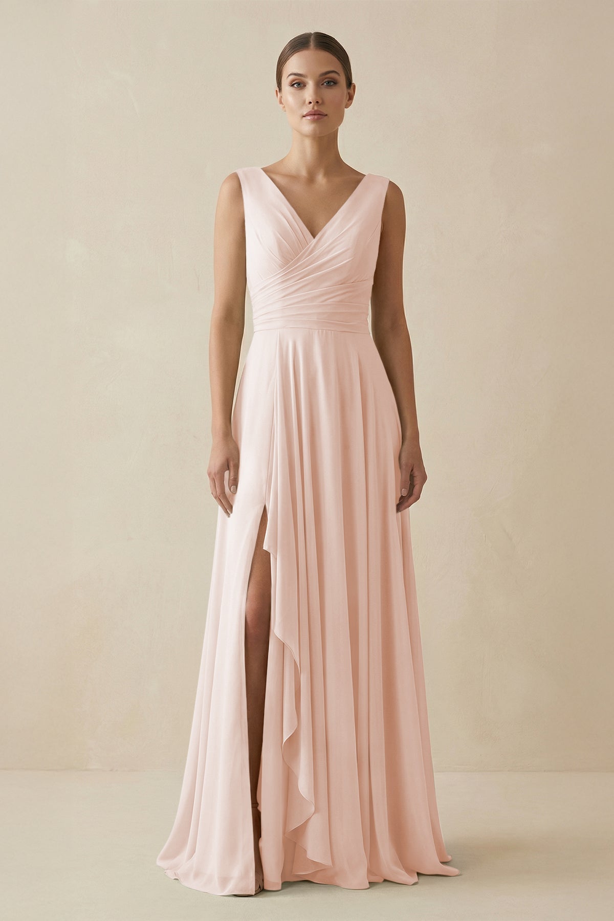 V - Neck A - Line Chiffon Ruffled Bridesmaid Dress in Pale Blush - SHE IS ME Bridesmaid Dresses