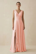 V - Neck A - Line Chiffon Ruffled Bridesmaid Dress in Rose Petal - SHE IS ME Bridesmaid Dresses