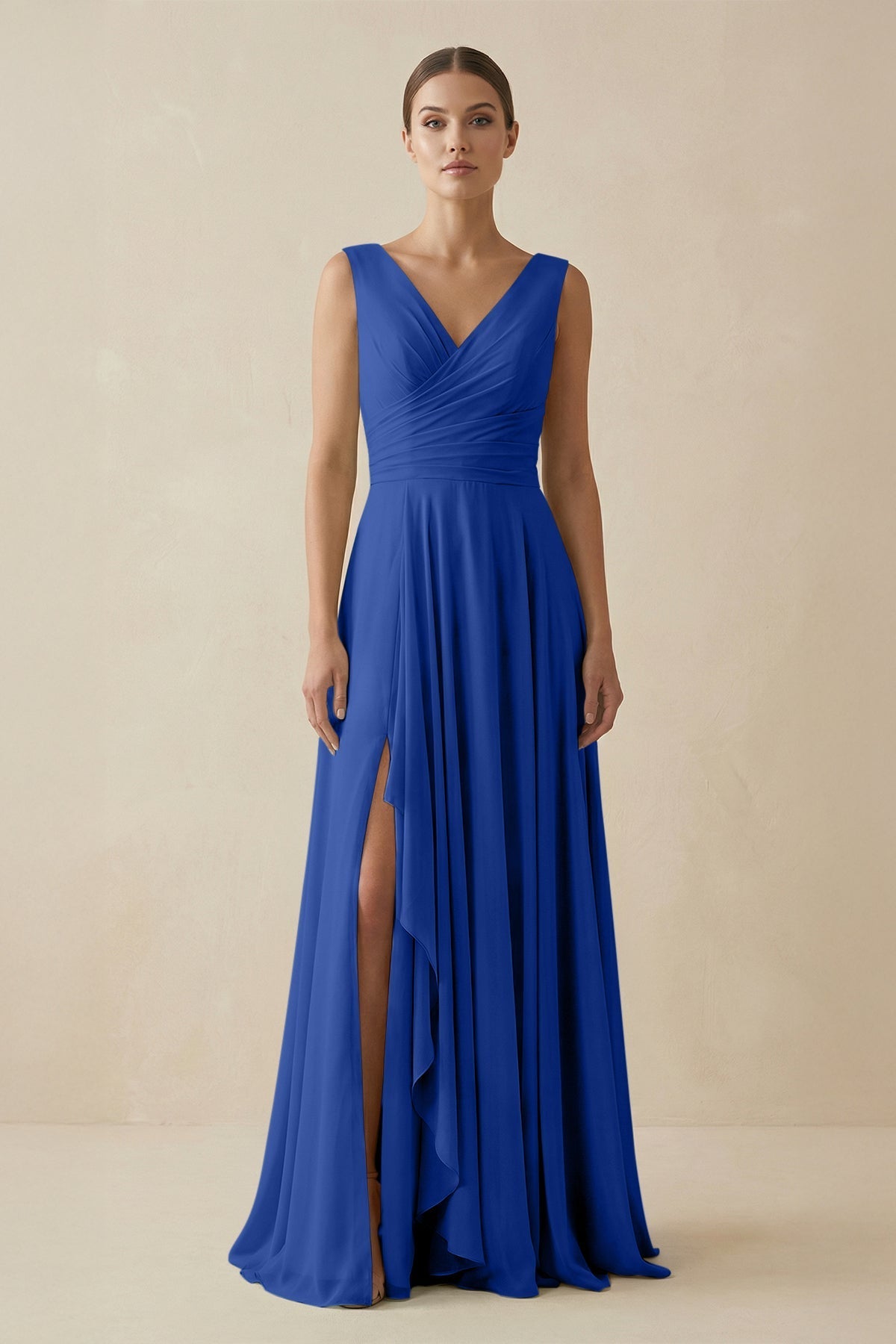 V - Neck A - Line Chiffon Ruffled Bridesmaid Dress in Royal Blue - SHE IS ME Bridesmaid Dresses