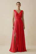V - Neck A - Line Chiffon Ruffled Bridesmaid Dress in Ruby Red - SHE IS ME Bridesmaid Dresses