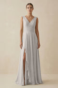 V - Neck A - Line Chiffon Ruffled Bridesmaid Dress in Silver - SHE IS ME Bridesmaid Dresses